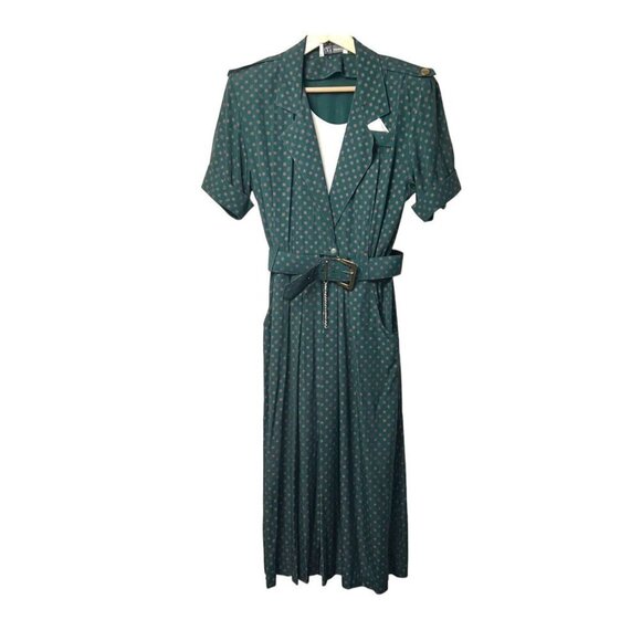 S.L. Fashions Vintage Green Geo Print Belted Collared Shirt Dress Medium - Picture 1 of 16